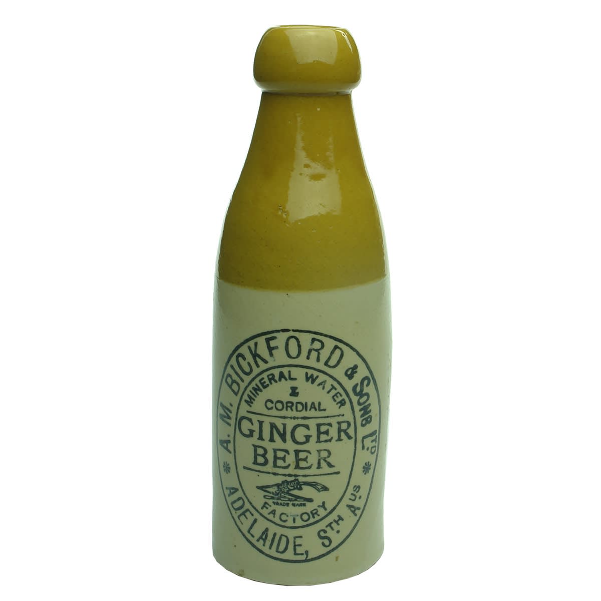 Ginger Beer. A. M. Bickford & Sons Ltd, Adelaide. Champagne shape. Tan top. (South Australia)