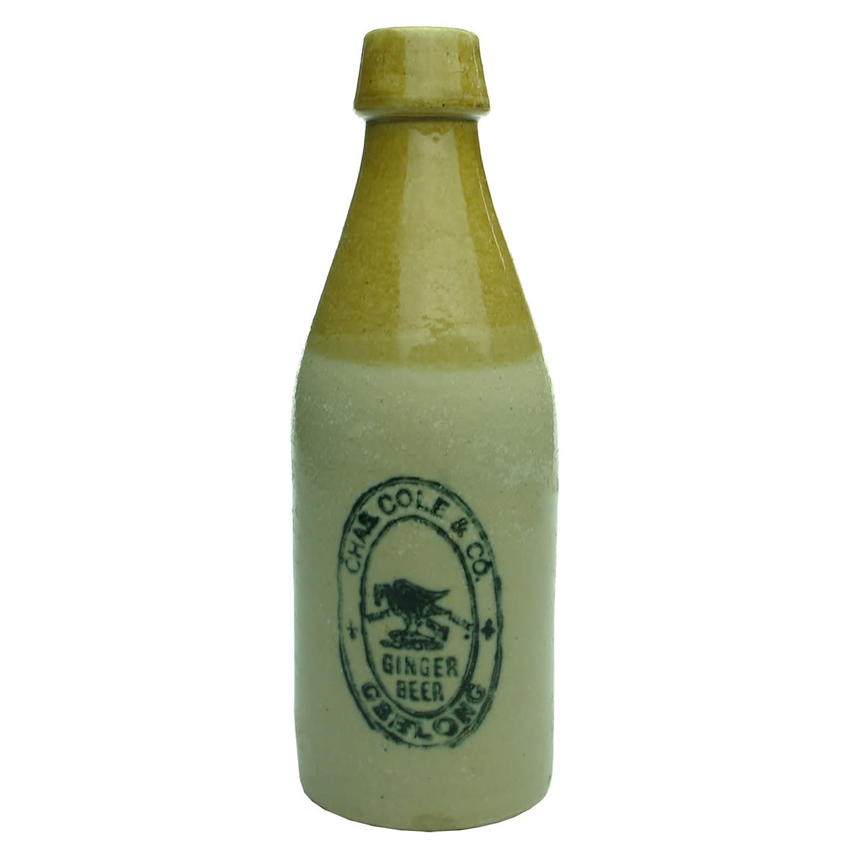 Ginger Beer. Chas Cole & Co., Geelong. Heron & Fish. Bendigo Pottery. (Victoria)