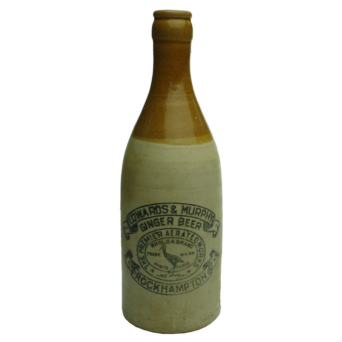 Ginger Beer. Edwards & Murphy. The Premier Aerated Works. Brolga Brand. Pictorial. Rockhampton. Crown Seal. (Queensland)