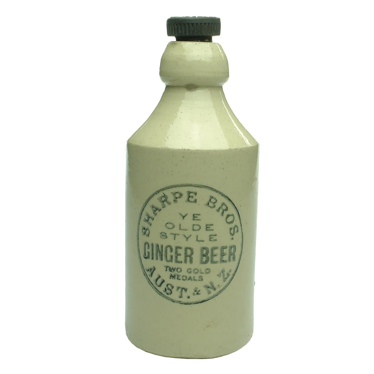Ginger Beer. Sharpe Bros. Australia & New Zealand. Ye Olde Style Ginger Beer. Two Gold Medals. Original small stopper. All White. Internal Thread. Dump.