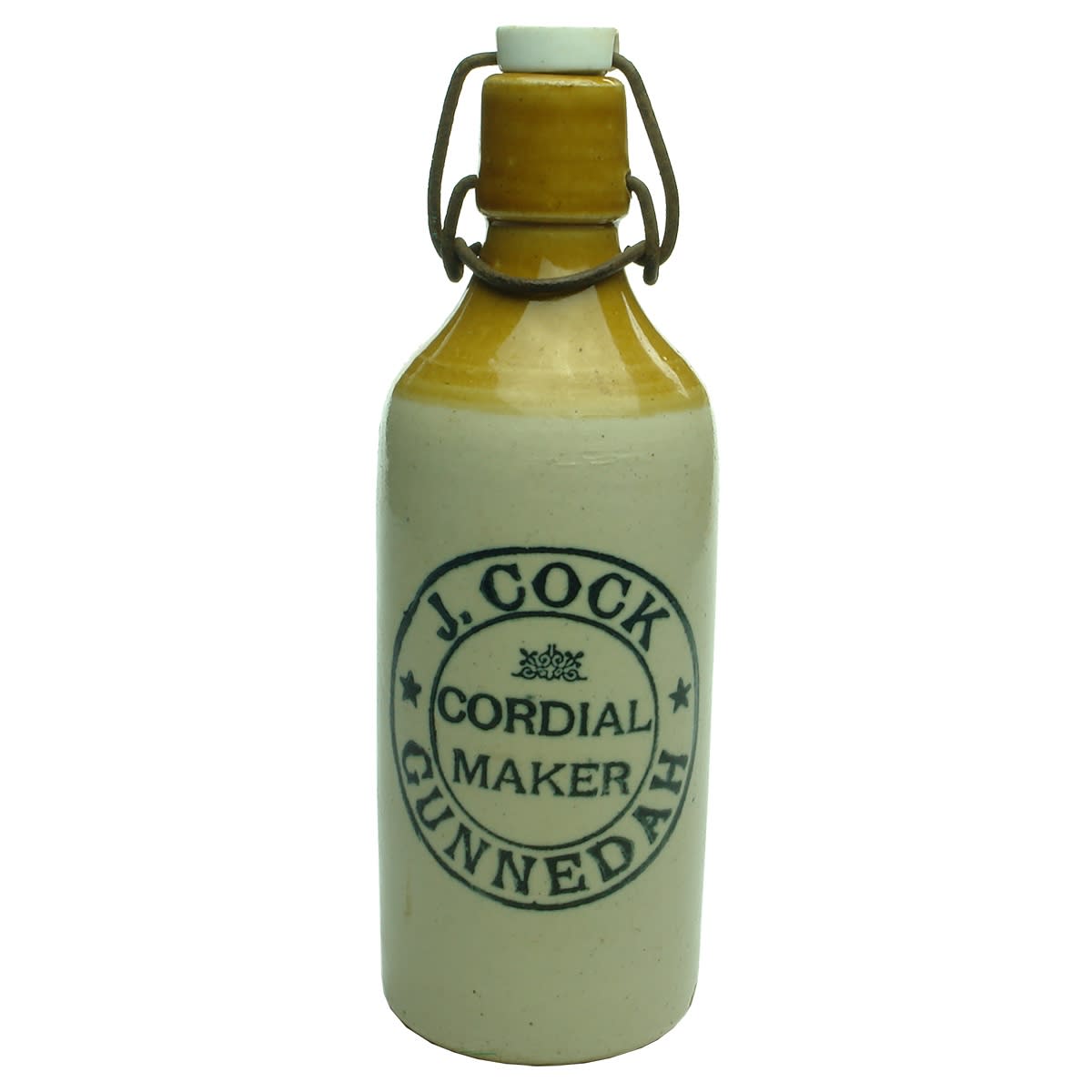 Ginger Beer. J. Cock, Cordial Maker, Gunnedah. Mauri Bros & Thomson Pinnacle merchants stamp. Lightning Stopper. 10 oz. (New South Wales)