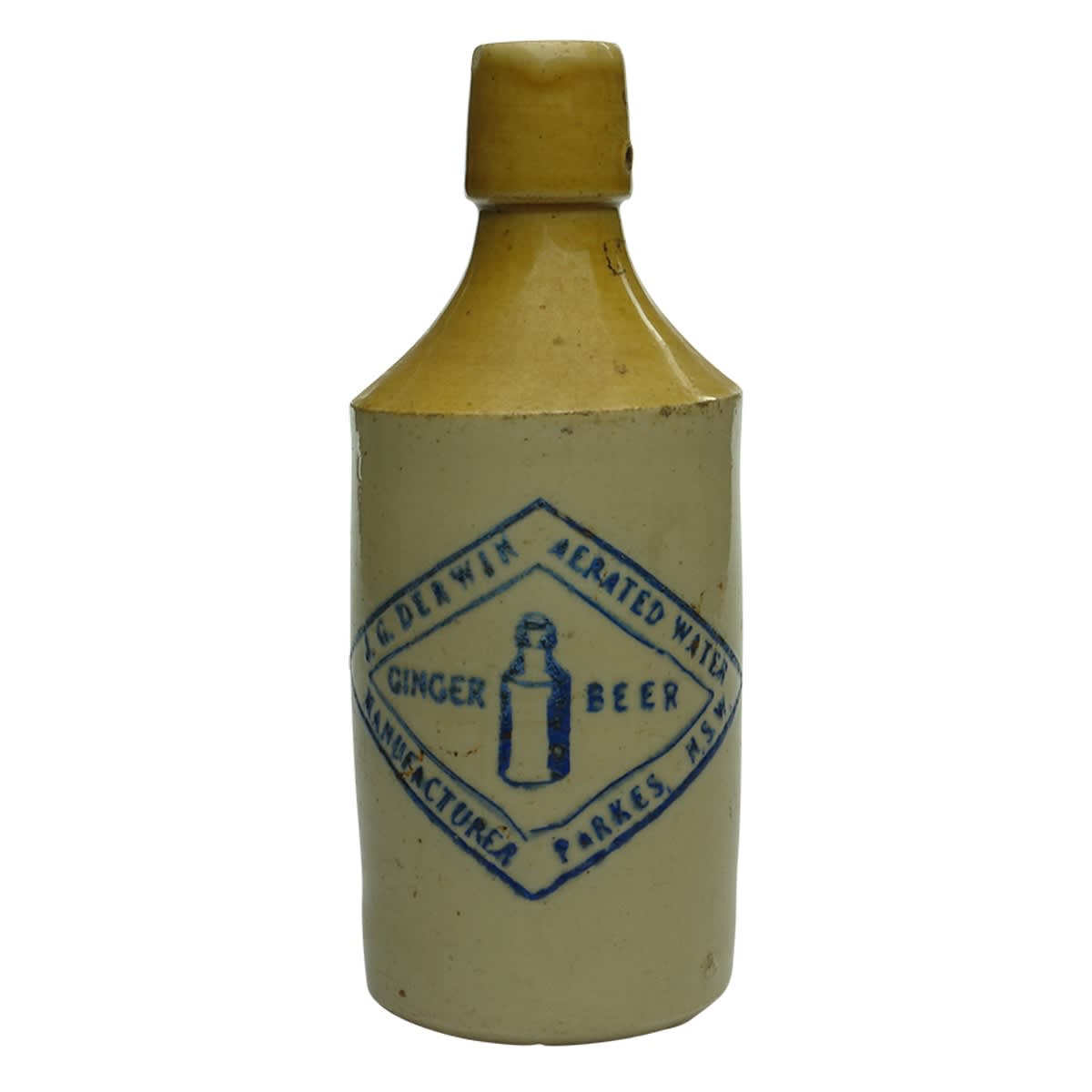 Ginger Beer. J. G. Derwin, Parkes. Dump. Lightning Stopper. Blue Embossed Print. Tan Top. (New South Wales)