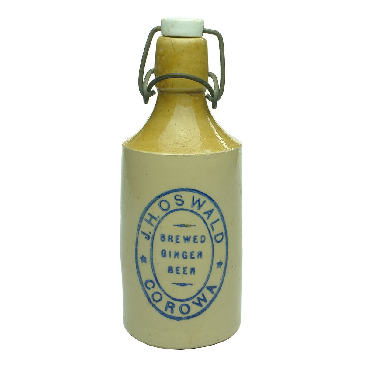 Ginger Beer. J. H. Oswald, Corowa. Dump. Lightning Stopper with J. H. Oswald print. Blue Print to bottle. (New South Wales)