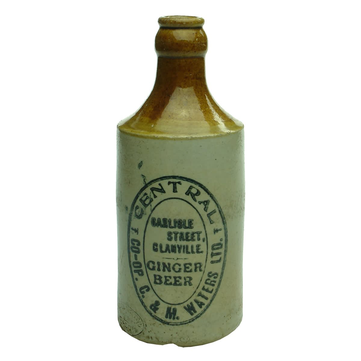 Ginger Beer. Central Co-Op. C. & M. Waters Ltd., Carlisle Street, Glanville. Dump. Crown Seal. Tan Top. (South Australia)