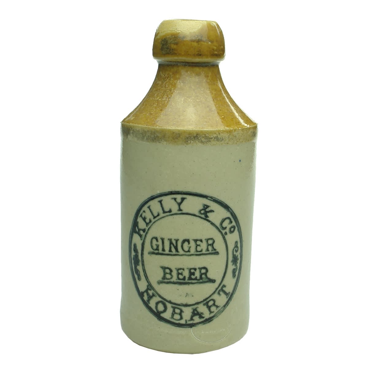 Ginger Beer. Kelly & Co., Hobart. Dump. Tan Top. Bendigo Pottery. (Tasmania)