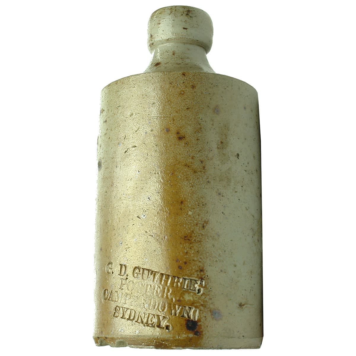 Impressed Ginger Beer. G. D. Guthrie, Potter, Camperdown, Sydney. Grey with iron spots and tan. 10 oz. Early bottle from the founder of Bendigo Pottery. (New South Wales)