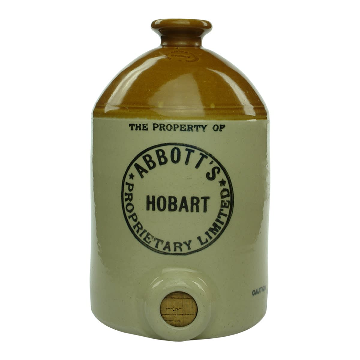 Demijohn. Abbott's Proprietary Limited, Hobart. Mauri Bros & Thomson, Sydney. Tan Top. Spigot. Odd size, seems smaller than 1 Gallon. 302 mm. (Tasmania)