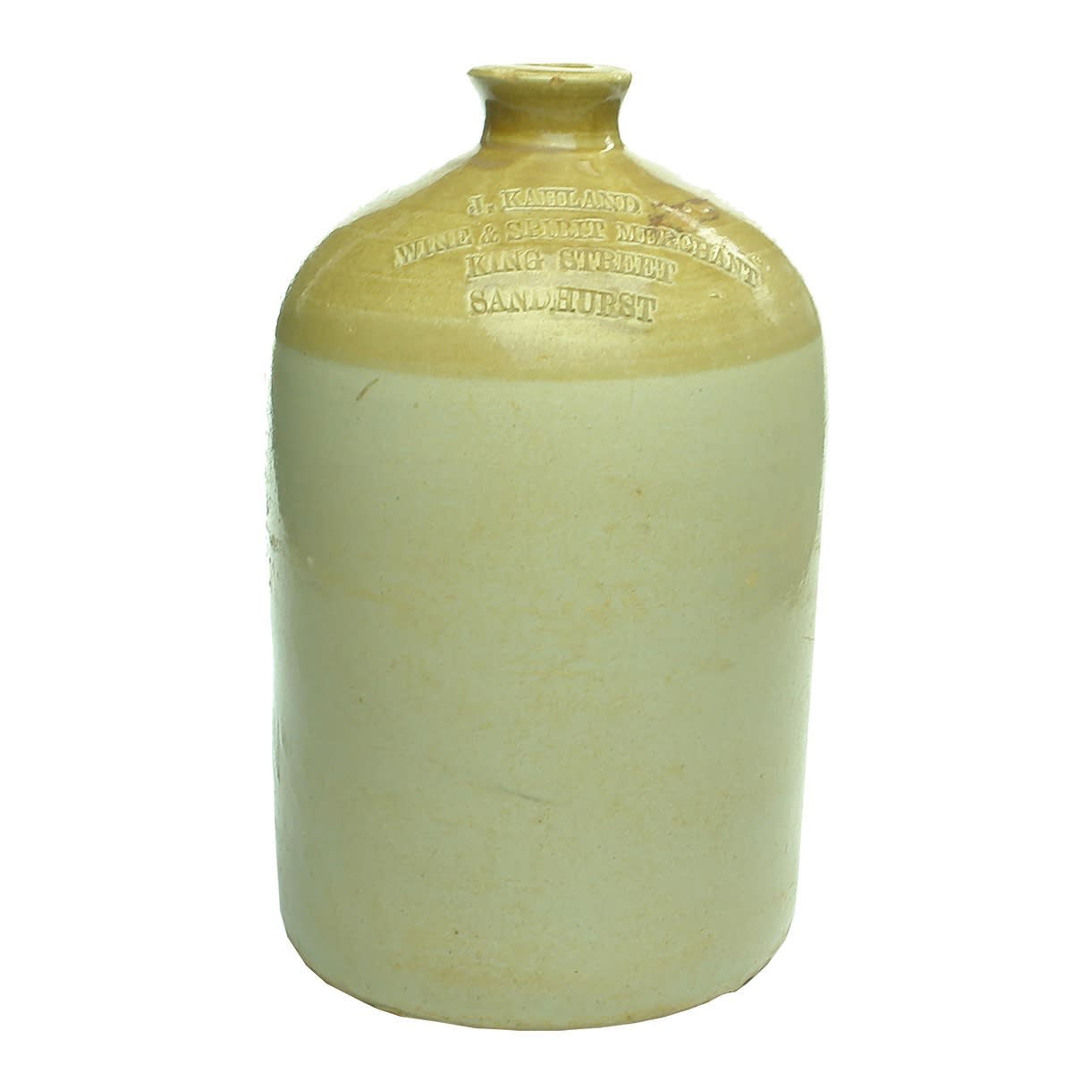 Demijohn. J. Kahland, Wine & Spirit Merchant, King Street, Sandhurst. Gallon. (Bendigo, Victoria)