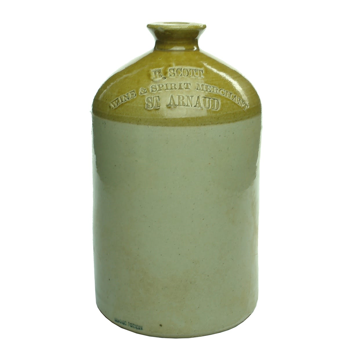 Demijohn. R. Scott, Wine & Spirit Merchant, St Arnaud. Bendigo Pottery ink stamp. 1 Gallon. (Victoria)