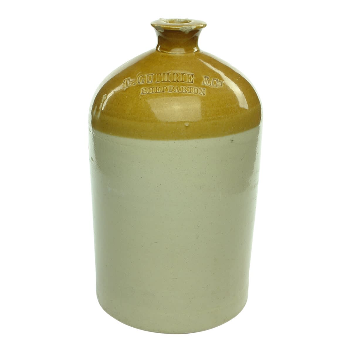 Demijohn. T. Guthrie & Co, Shepparton. Impressed. Tan Top. 1 Gallon. (Victoria)