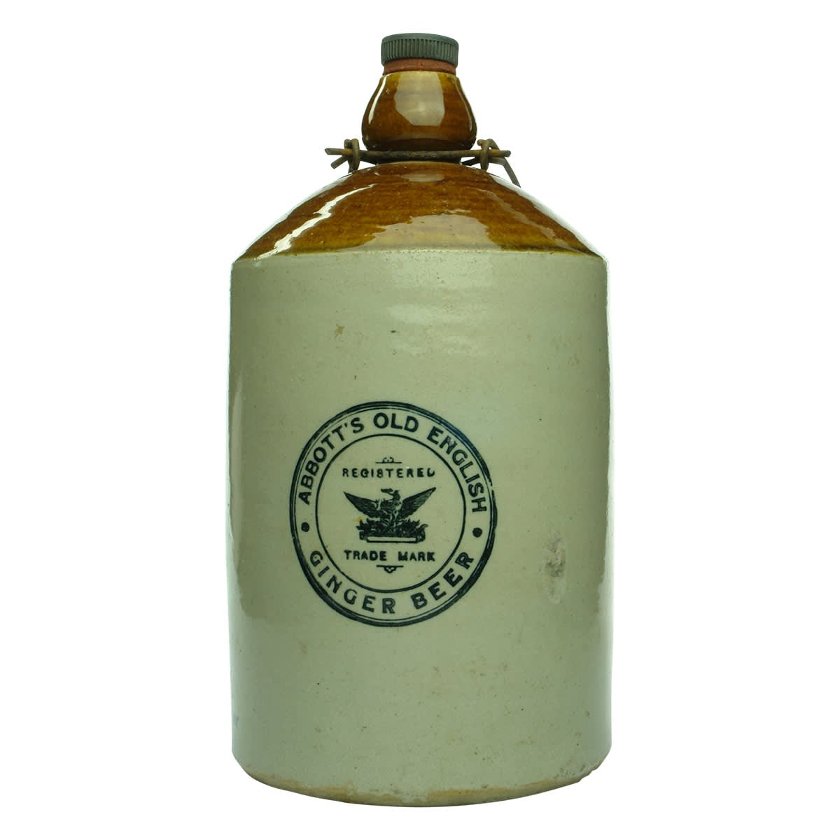 Demijohn. Abbott's Old English Ginger Beer. Tan/Chocolate Top. Bendigo Pottery. 1 Gallon. (Tasmania)