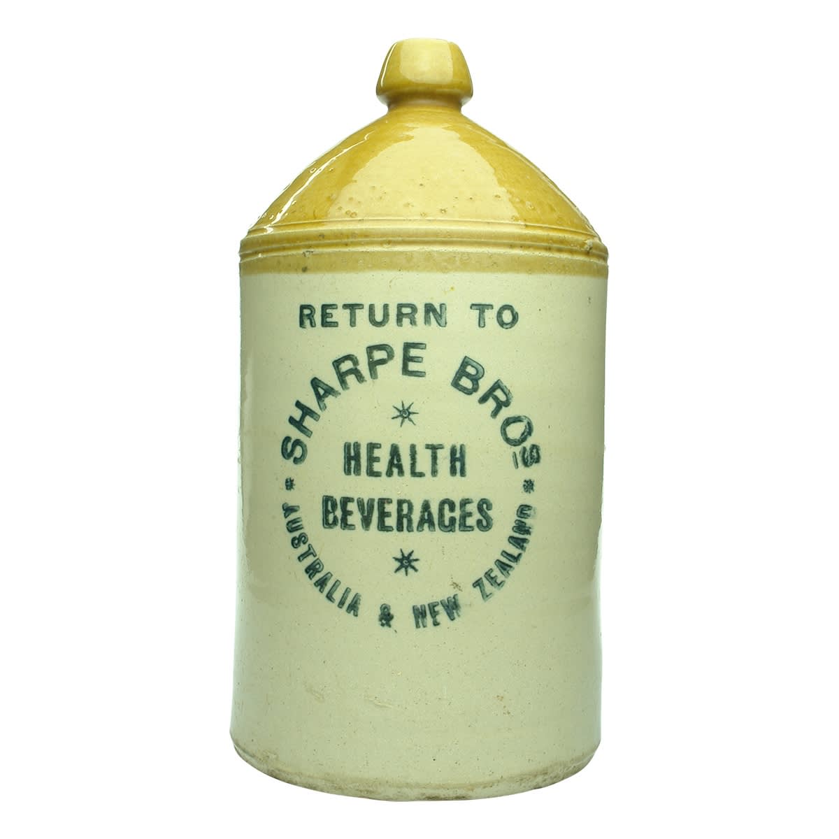 Demijohn. Sharpe Bros. Health Beverages. Australia & New Zealand. Circular badge. Tan Top. 1 Gallon.