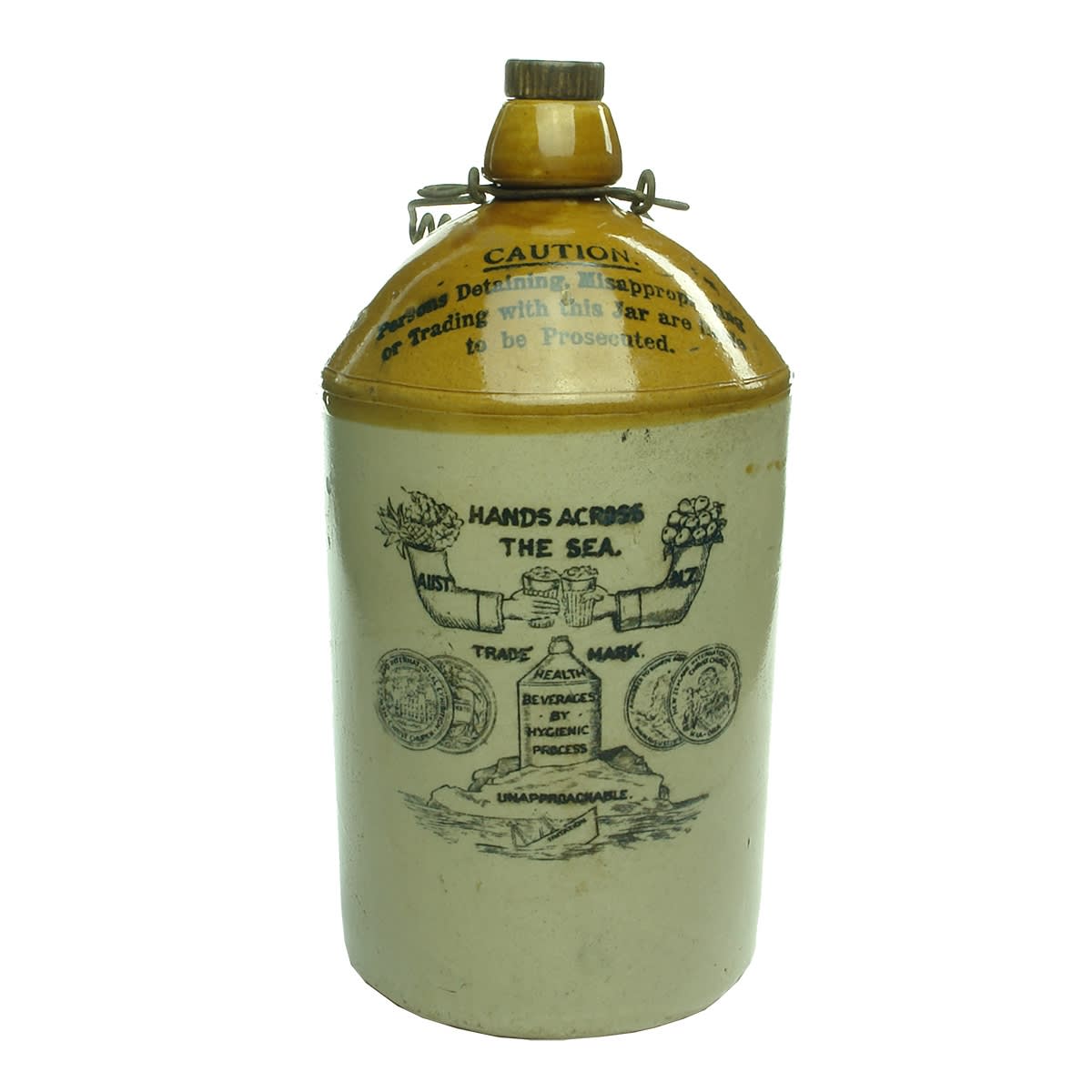 Demijohn. Sharpe Bros. New Zealand and Australia. Hands Across the Sea and Arched Print. Gallon.