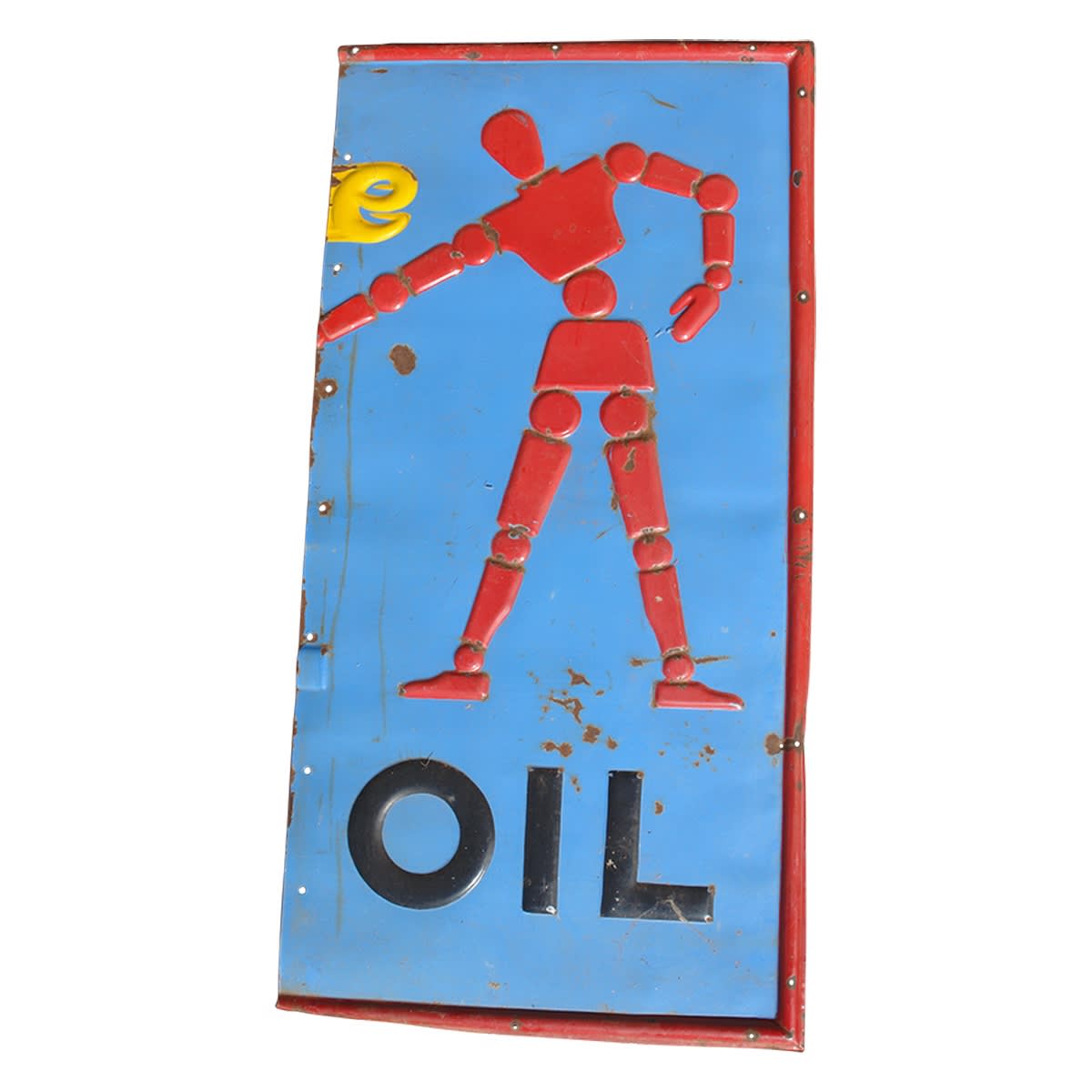 Sign. Shell "Stickman" Embossed Enamel Sign. Blue background. 6 x 3 ft. (Only one part of a three part sign that would have been 6 x 9 ft - but the best part!)