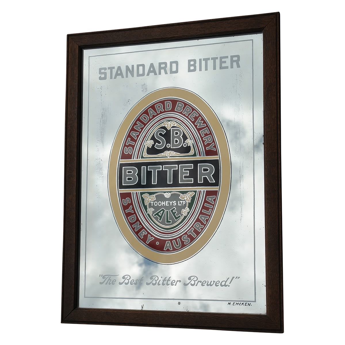 Brewery. Standard Brewery, S. B. Bitter, Tooheys Ltd Ale, Sydney, Australia. "The Best Bitter Brewed!" Signed by M. Emcken. Advertising Mirror. (New South Wales)