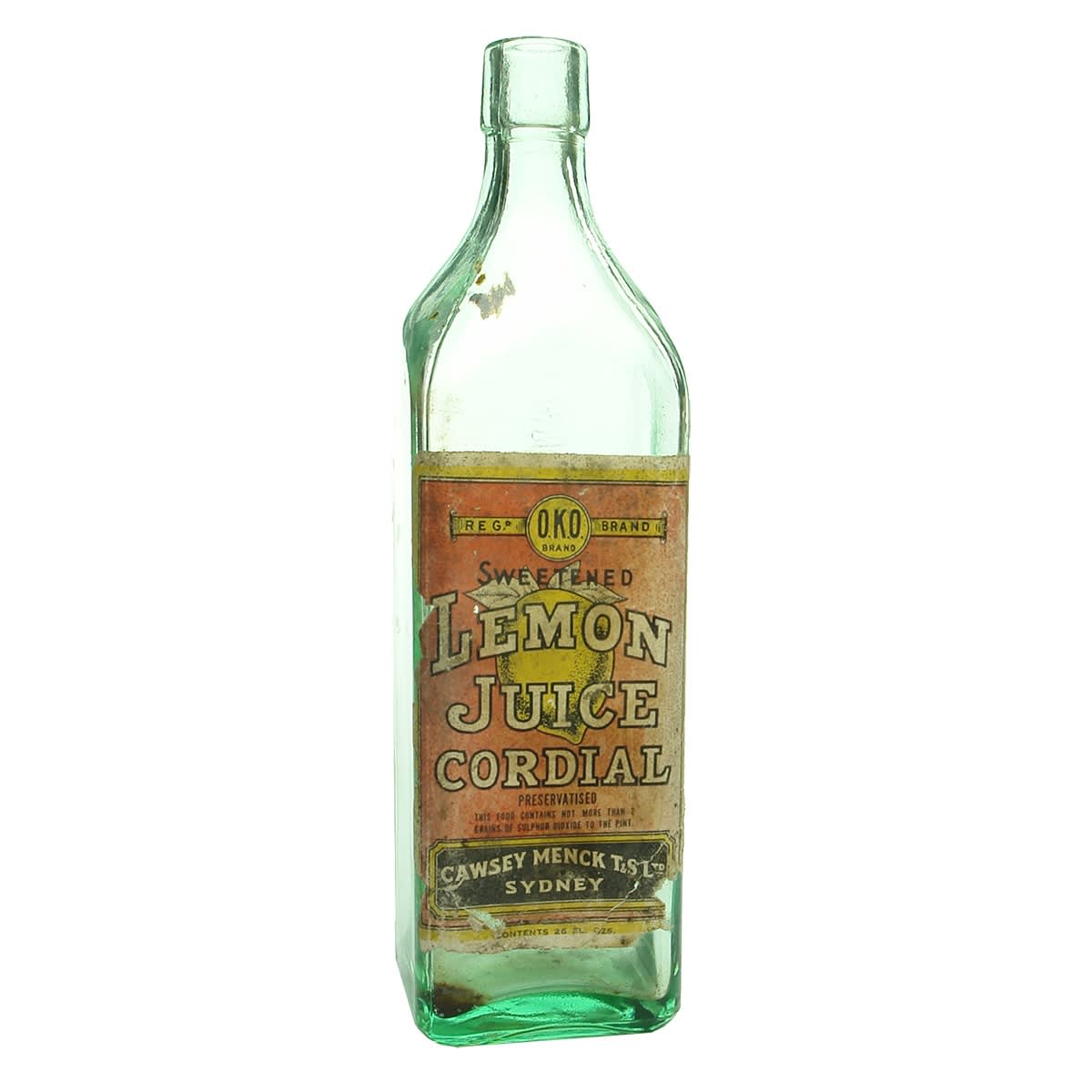 Cordial. Cawsey Menck,  T & S Ltd. Sydney. Original label. Lemon Juice Cordial. OKO Brand. 26 oz. (New South Wales)