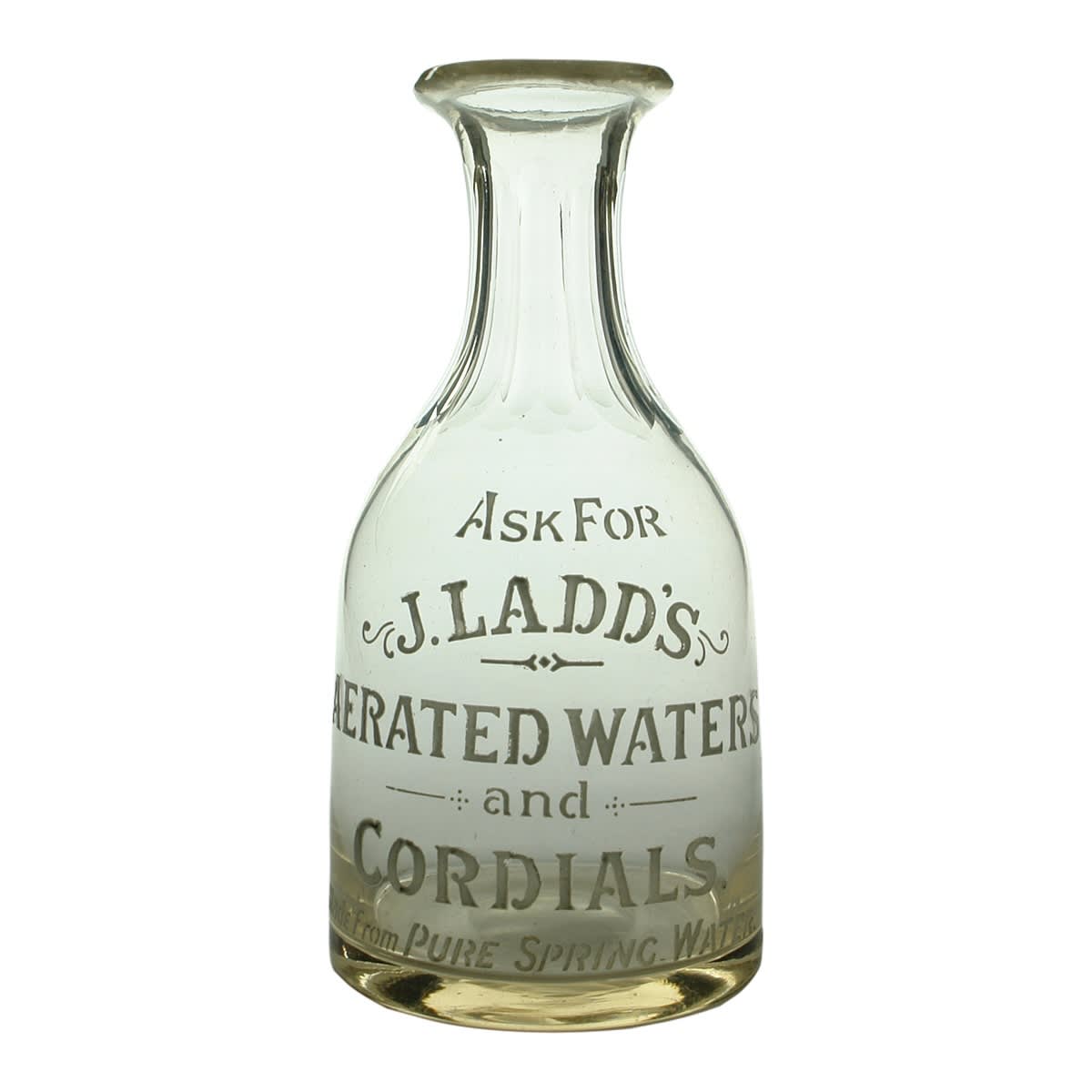 Cordial. J. Ladd's Aerated Waters and Cordials, made from Pure Spring Water. Advertising decanter with white enamelled writing. Polished pontil. (South Australia) (Late Kingsley Durdin collection)