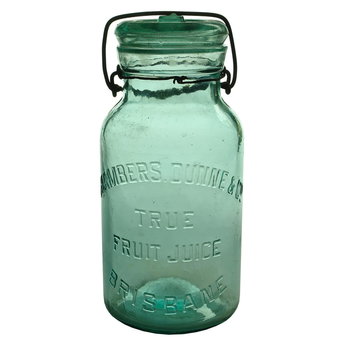 Fruit Jar. Chambers, Dunne & Co., Brisbane. True Fruit Juice. Aqua. Quart. (Queensland)