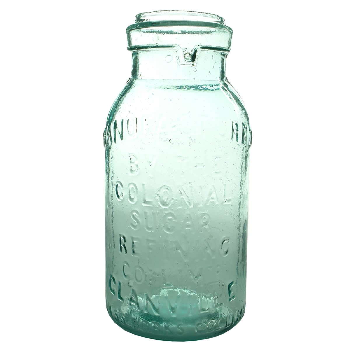 Fruit Jar. Colonial Sugar Refining Co., Glanville. Ground lip. Aqua. Quart. (South Australia)