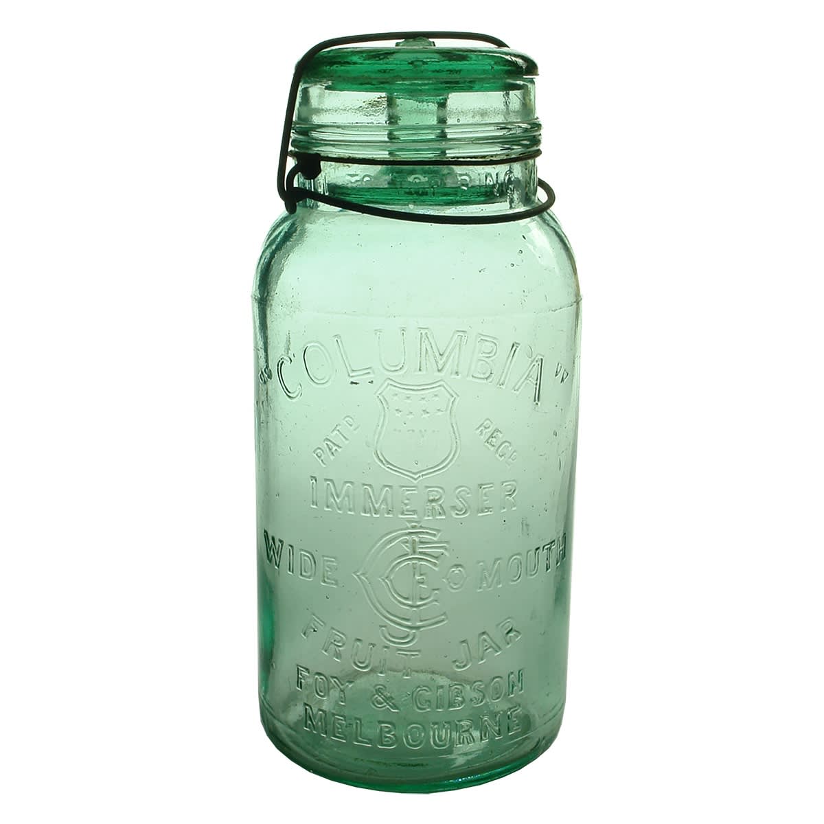 Preserving Jar. Columbia Immerser Fruit Jar. Foy & Gibson Melbourne. Plain Immerser lid. Half Gallon. (Victoria)