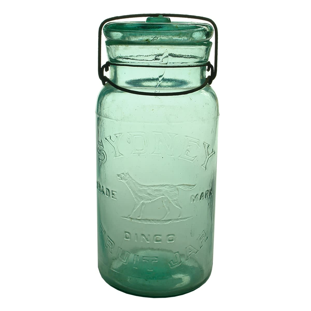 Preserving Jar. Sydney, Dingo Fruit Jar. Tail out version. Aqua. Half Gallon (New South Wales)