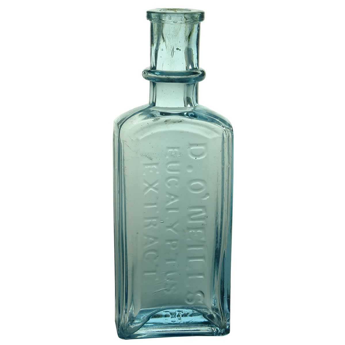 Eucalyptus. D. O'Neills, Eucalyptus Extract. M base mark. Ice Blue. Ring in neck. (Victoria)