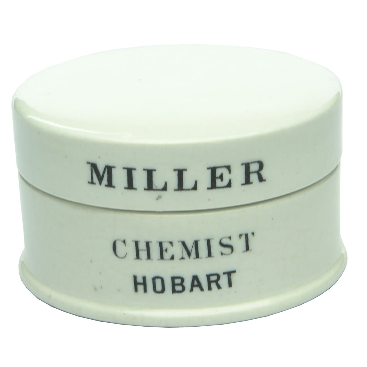 Pot Lid. Miller, Chemist, Hobart. Printed on edge of lid and base. 65 mm across. (Tasmania)