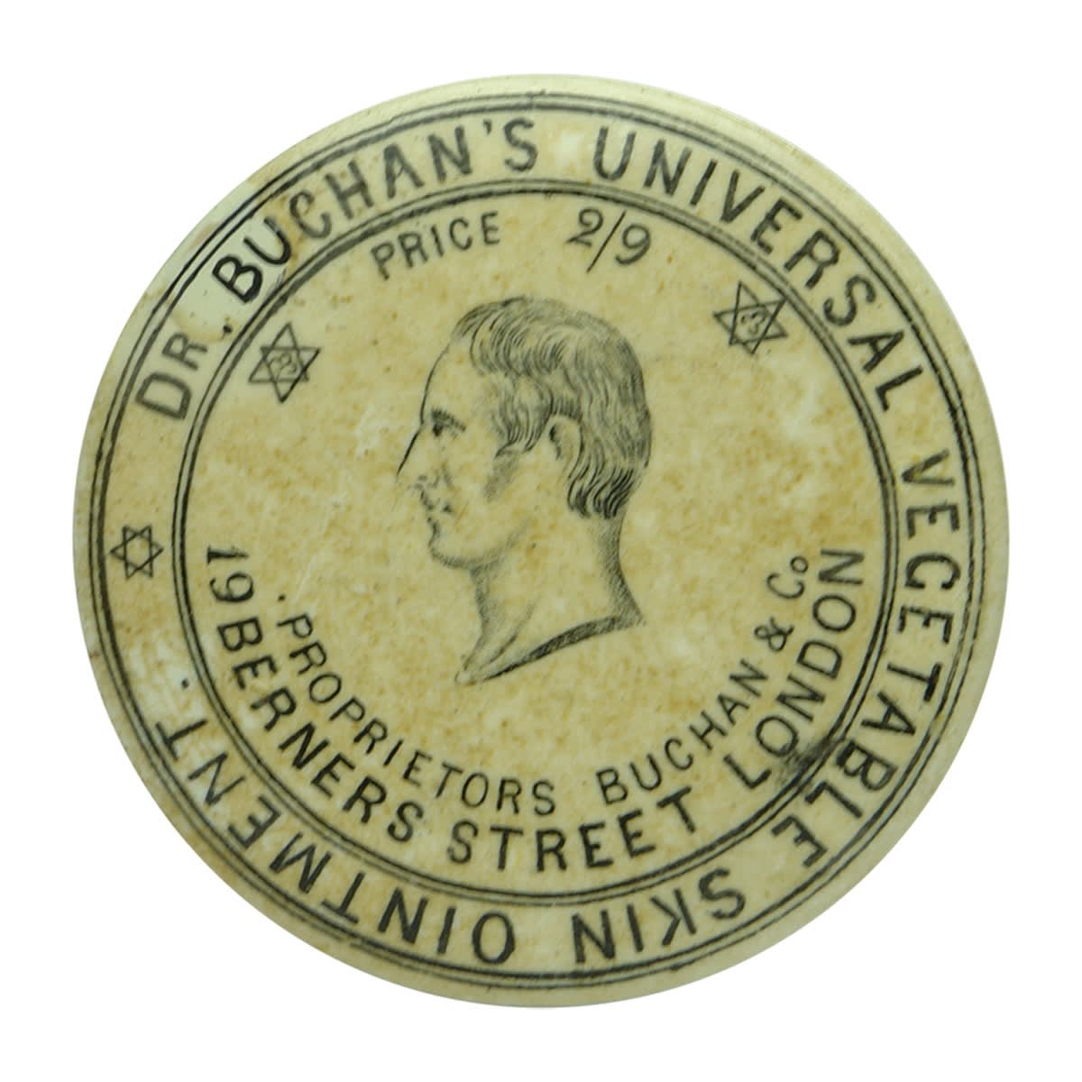 Pot Lid. Dr. Buchan's Universal Vegetable Skin Ointment, London. Black and white. (United Kingdom)
