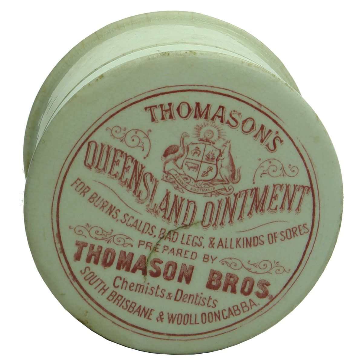 Pot Lid. Thomason's. Thomason Bros., South Brisbane & Woolloongabba. Coat of Arms. Red Print. Fitting base. (Queensland)