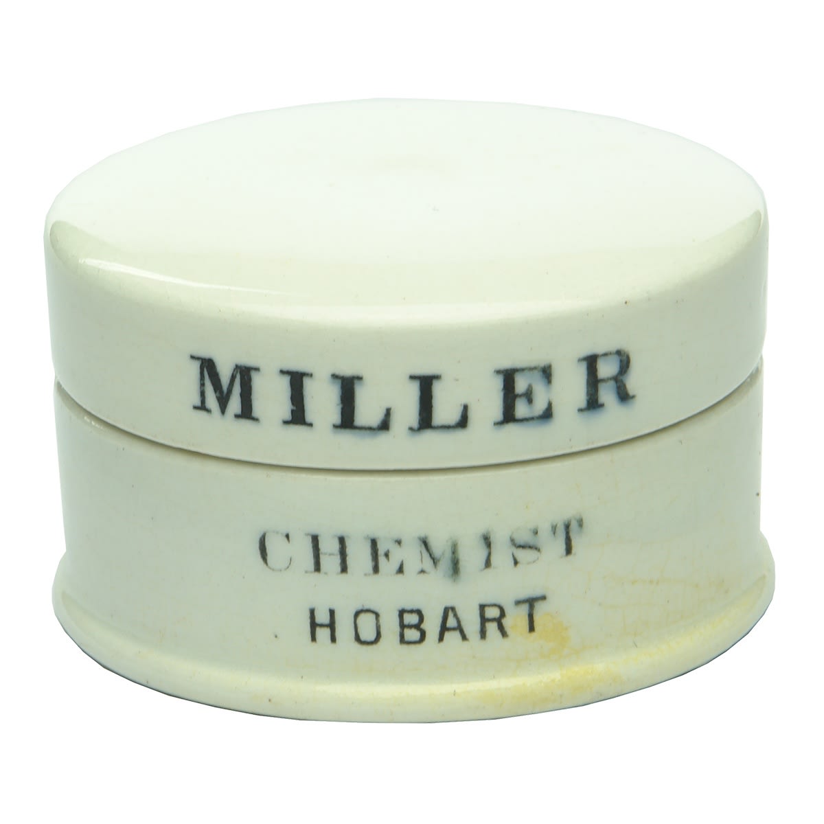Pot Lid. Miller, Chemist, Hobart. Printed on edge of lid and base. 57 mm across. (Tasmania)