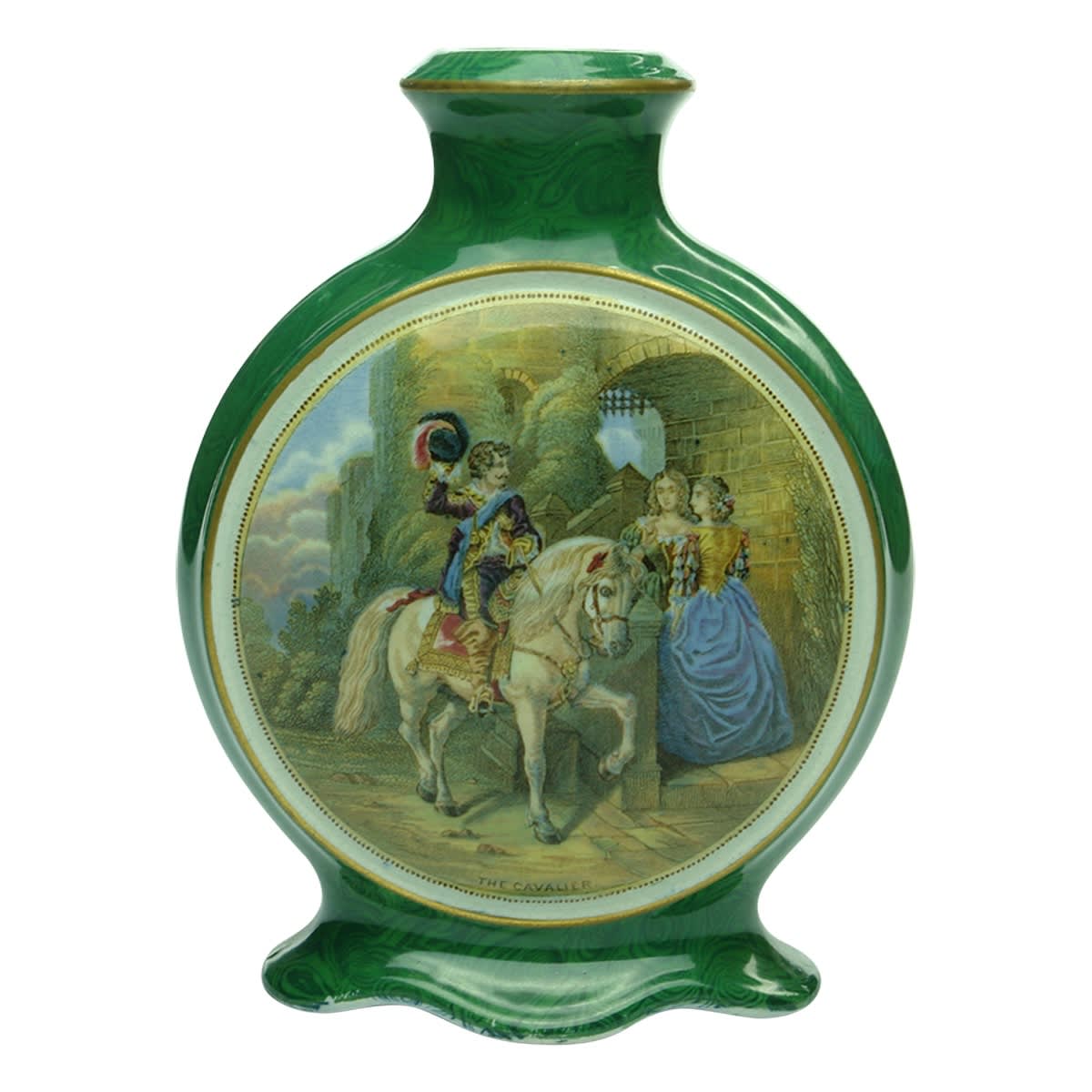 Prattware Sauce bottle. Village Wedding. Cavalier. Mottled green sides. (United Kingdom)