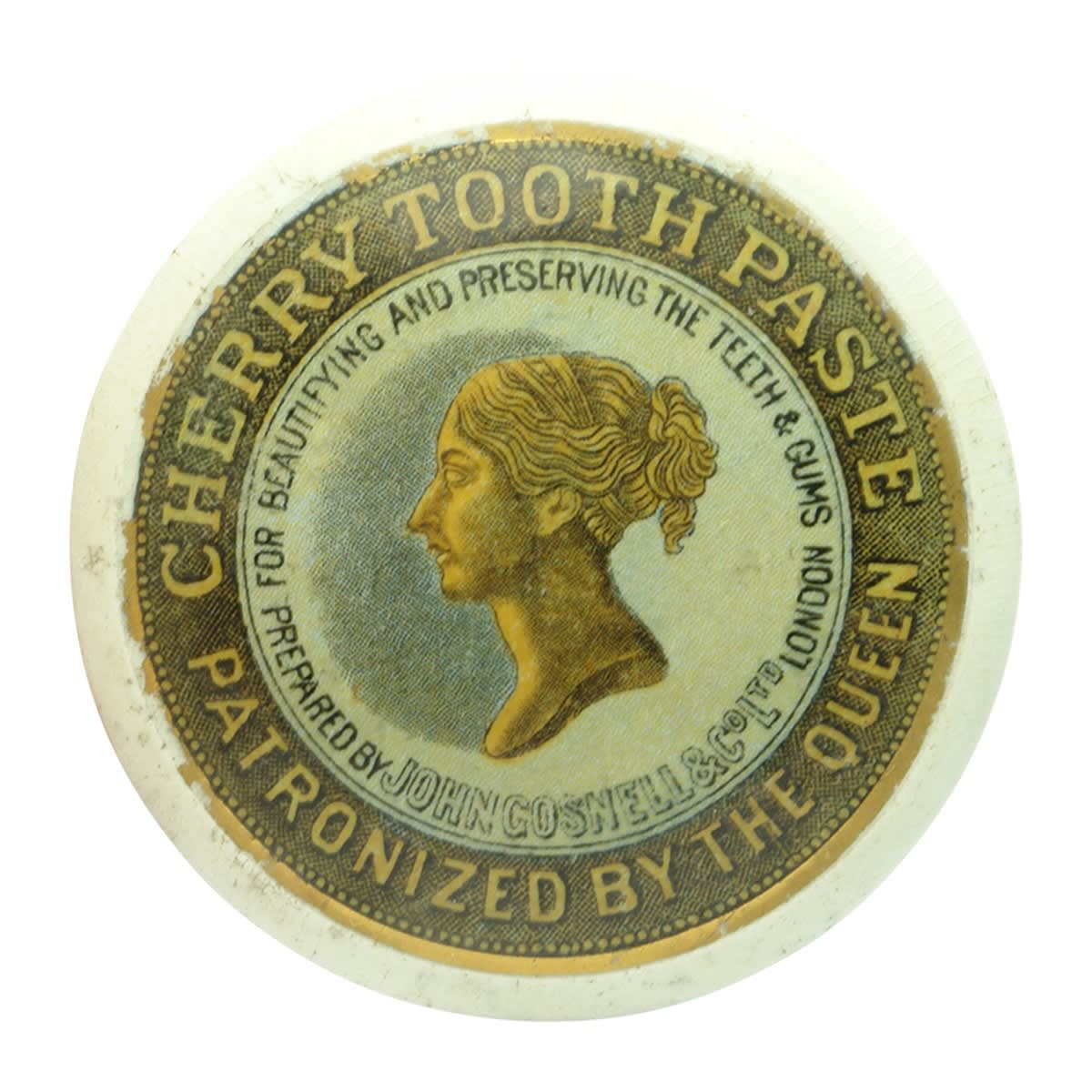 Pot Lid. John Gosnell & Co. Ltd., London. Queens Head. Cherry Tooth Paste. Coloured with Yellow-Green Background. (United Kingdom)