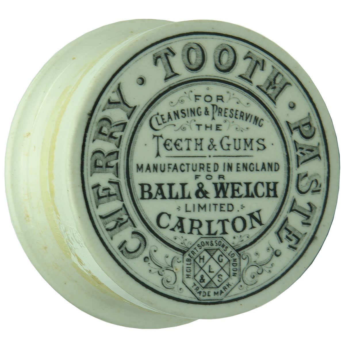 Pot Lid. Ball & Welch Limited, Carlton. Gilbertson & Sons London. Black and White. (Victoria)