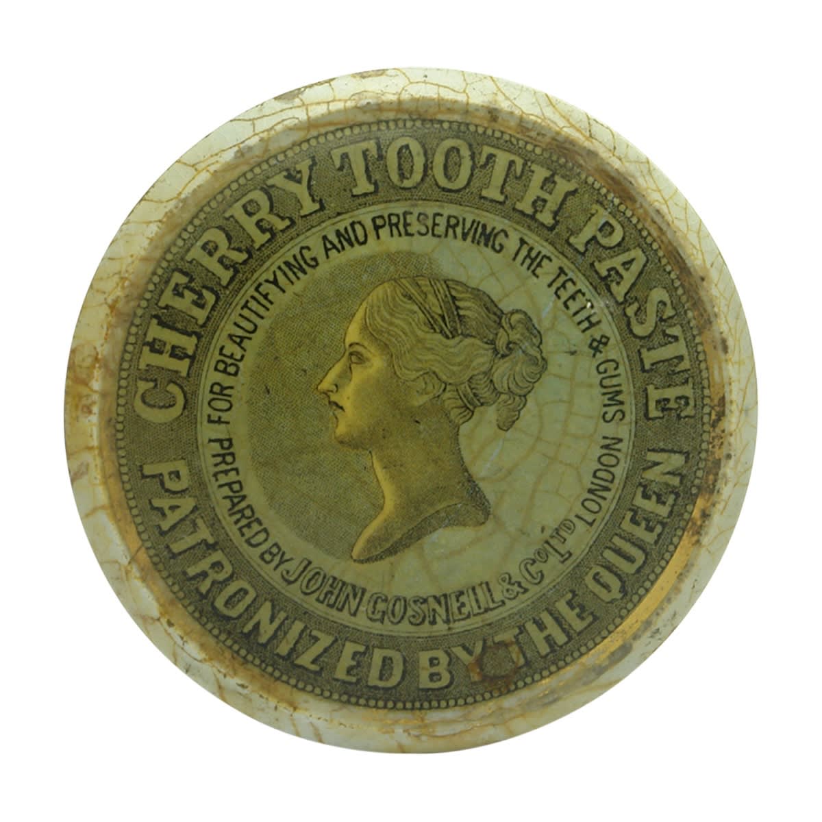 Pot Lid. John Gosnell & Co. Ltd., London. Queens Head. Cherry Tooth Paste. Coloured with Khaki background. (United Kingdom)