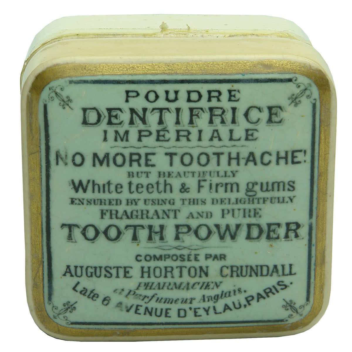 Pot Lid. Auguste Horton Crundall (Melbourne) late Paris. Black print, blue overglaze. Tooth Powder. Square lid. (Victoria)