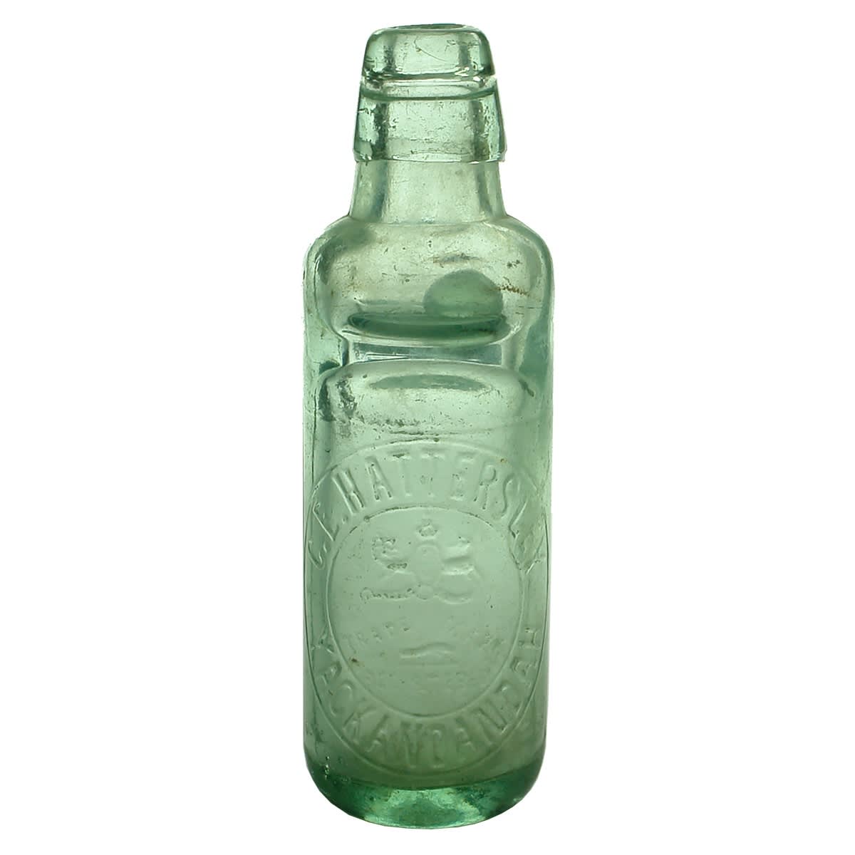Codd. C. E. Hattersley, Yackandandah. Coat of Arms. Glove. Applied top. All Way Pour. Aqua. 6 oz. (Victoria)