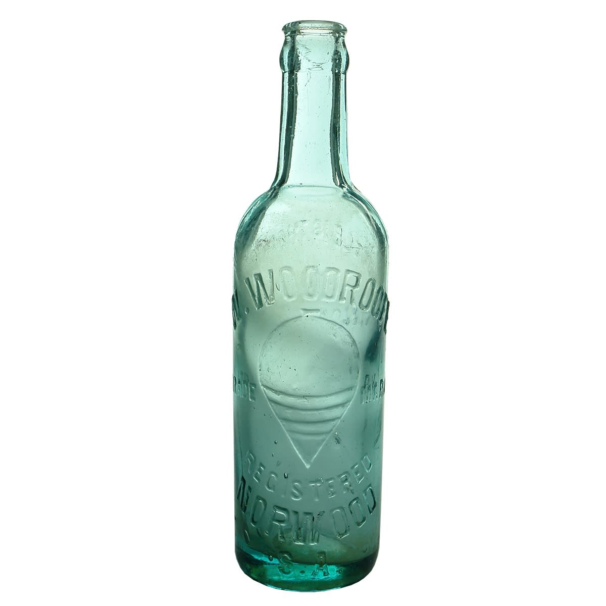 Crown Seal. W. Woodroofe, Norwood. Spining top. Shouldered. Blue Aqua. 10 oz. (South Australia)