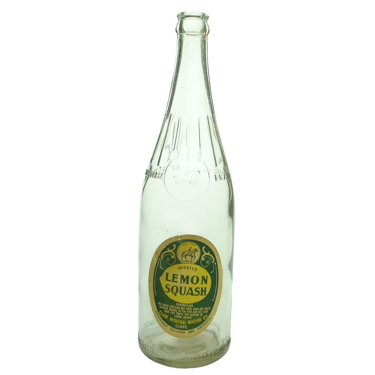 Crown Seal with original Label. Clare Mineral Waters Co. Racehorse Brand. Clear. 26 oz. (South Australia)