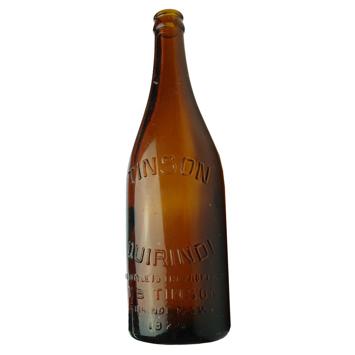 Beer. T. B. Tinson, Quirindi, 1925. Crown Seal. Amber. 26 oz. (New South Wales)