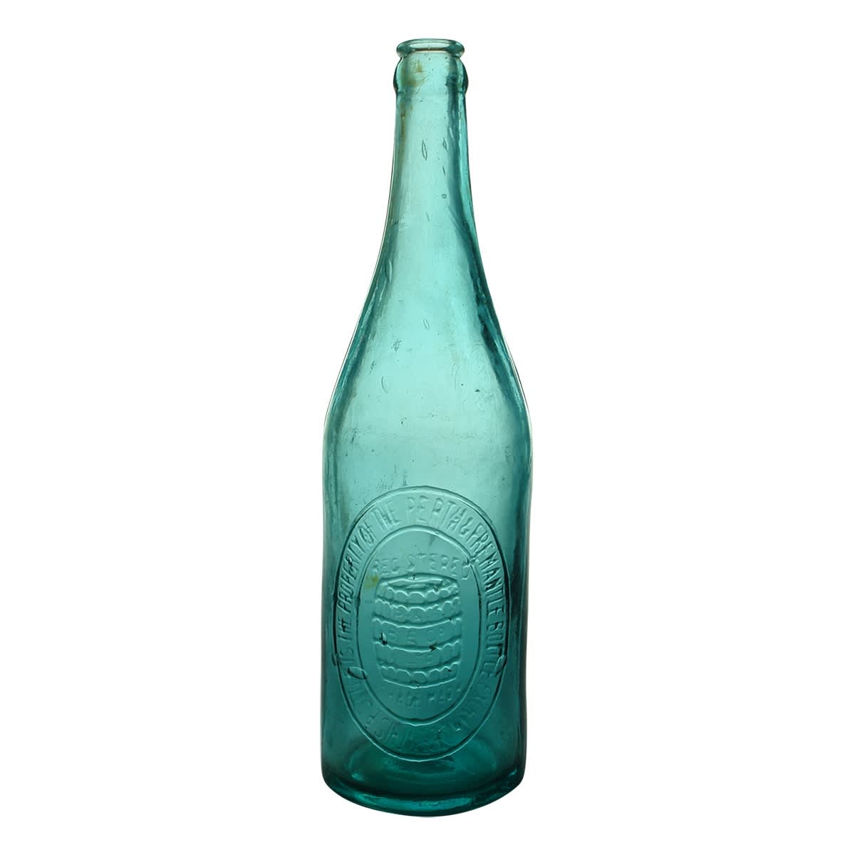 Beer. Perth & Fremantle Bottle Exchange, Barrel. Champagne shape crown seal. Blue-aqua. 26 oz. (Western Australia)