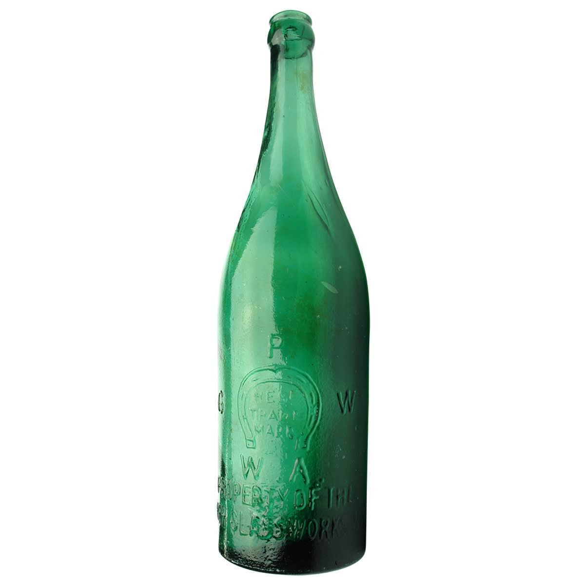 Beer. Perth Glassworks in Open Badge with R. C. to rear, W. A below Horseshoe. X base mark. Crown Seal. Green with some variable tones. 26 oz. (Redcastle Brewery, Western Australia)