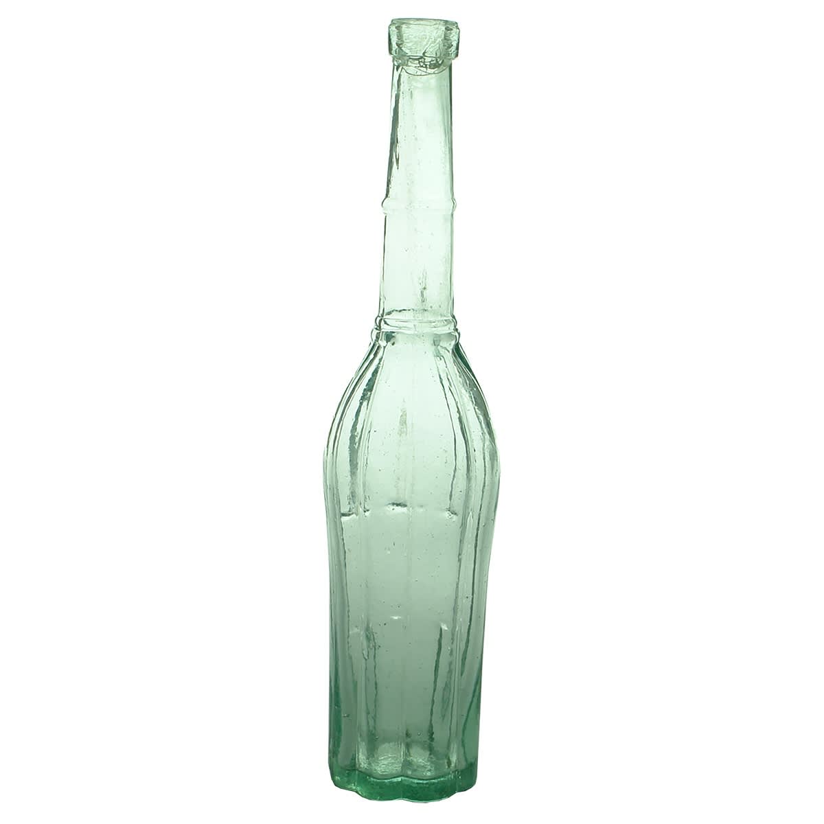 Goldfields Salad Oil. Canary Cage Salad Oil. Eight bulbous sides with slight pinch in below the shoulder. Two rings at base of neck. One ring mid neck. Label space. Very flat base.