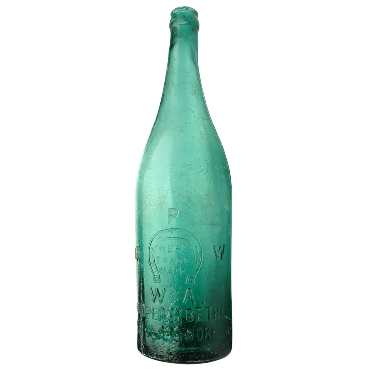 Beer. Perth Glassworks in Open Badge with R. C. to rear, W. A below Horseshoe. X base mark. Crown Seal. Green with some variable tones. 26 oz. (Redcastle Brewery, Western Australia)
