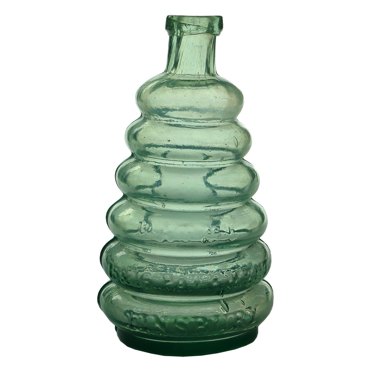 Goldfields Salad Oil or Sauce. Batty, Pavement, Finsbury. Beehive shape. Aqua. 10 oz. (United Kingdom) (This is from the late Kingsley Durdin collection)