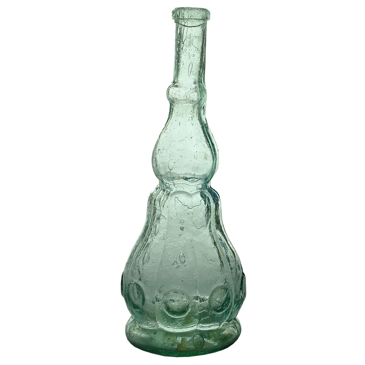 Goldfields Salad Oil. Medallion type with embossed circles around lower body. Aqua. 7 oz. 198 mm. (United Kingdom) (This is from the late Kingsley Durdin collection)