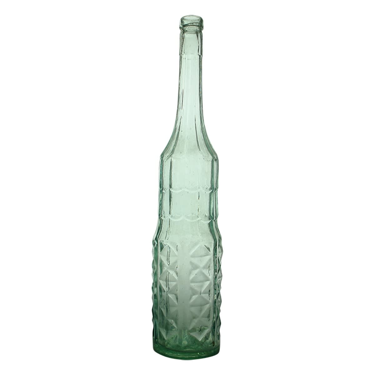 Goldfields. Long neck flaring out to wider mid body with draped pattern, stepping out further to wider lower body with four columns of four diamonds on one side. Registered. Aqua. 26 oz. (United Kingdom) (Late Kingsley Durdin collection)