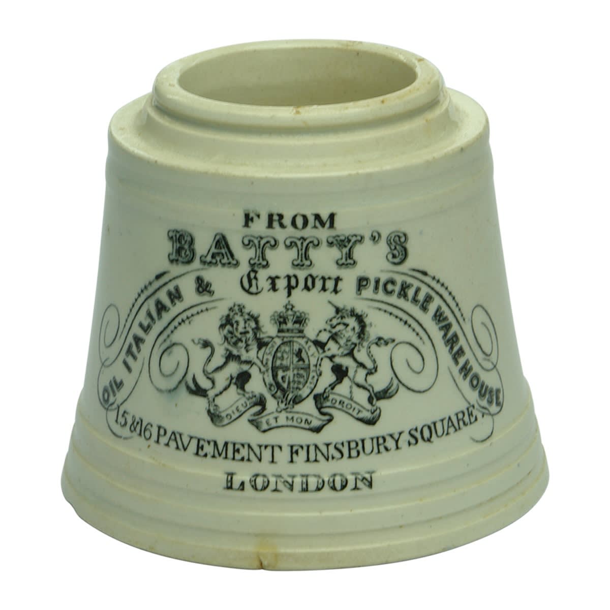 Food Jar. Batty's Export Oil Italian & Pickle Warehouse, 15 & 16 Pavement Finsbury Square, London. Designed by G. Batty, 1 Oct. 1844. (United Kingdom) (Late Kingsley Durdin Collection)