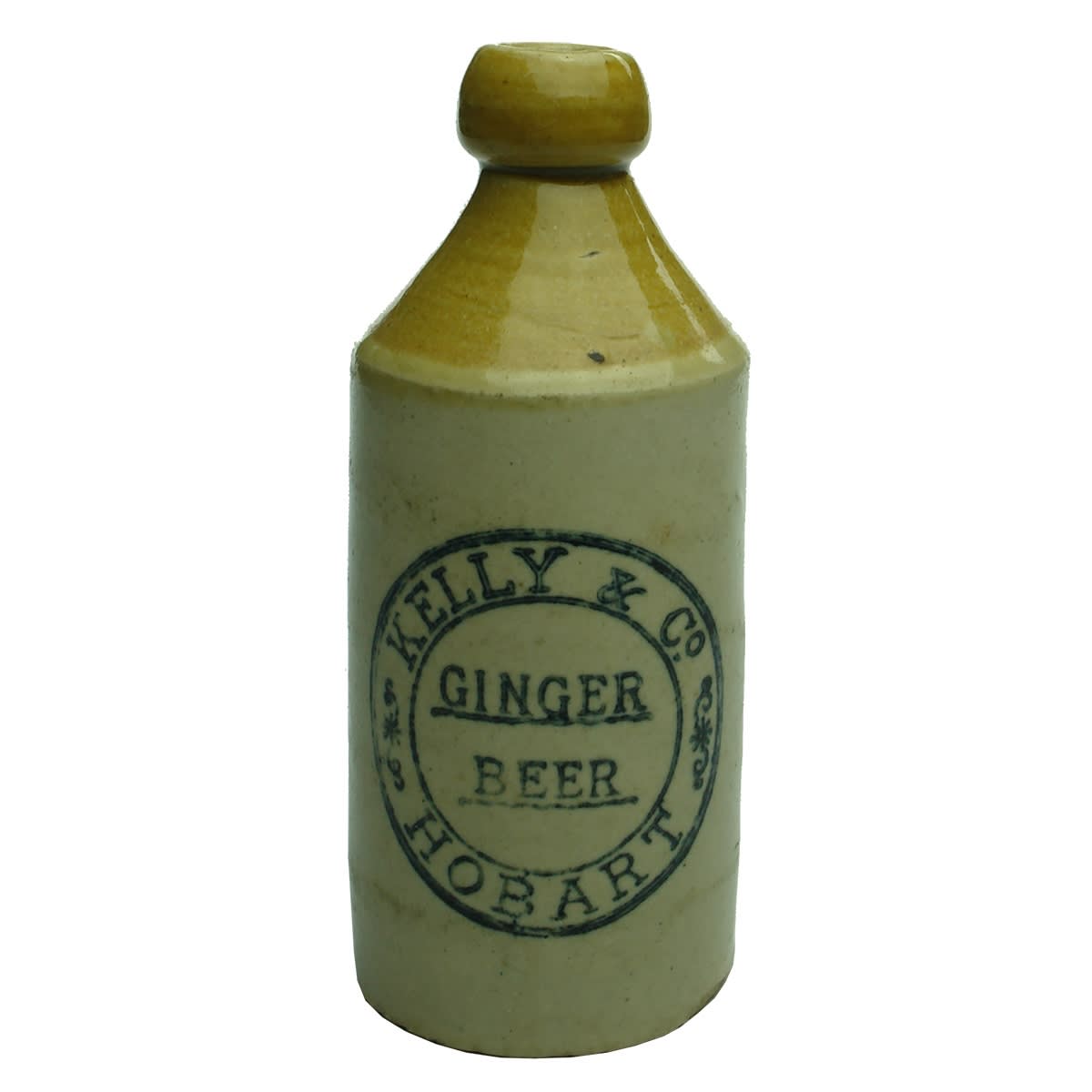 Ginger Beer. Kelly & Co., Hobart. Dump. Tan Top. Bendigo Pottery. (Tasmania)