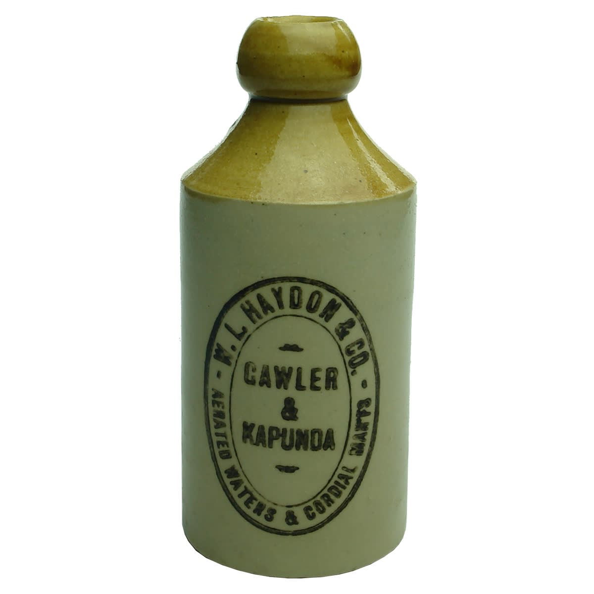 Ginger Beer. W. L. Haydon & Co, Gawler & Kapunda. Bendigo Pottery. Cork stopper. Dump. Tan top. (South Australia)