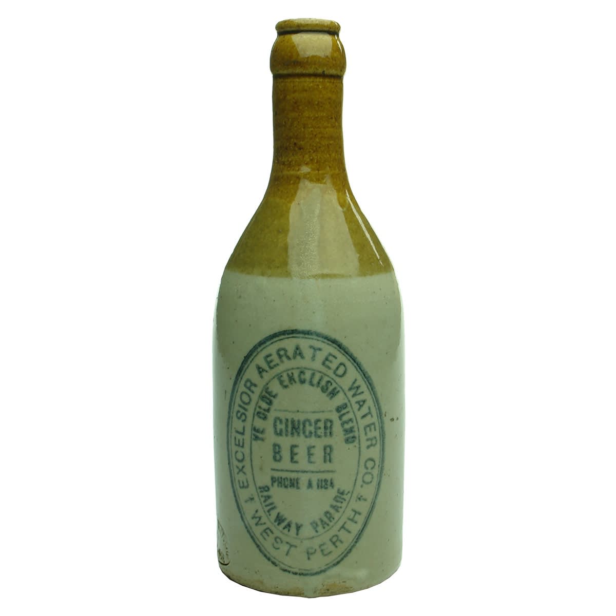 Ginger Beer. Excelsior Aerated Water Co., Railway Parade, West Perth. Bendigo Pottery. Crown Seal. (Western Australia)